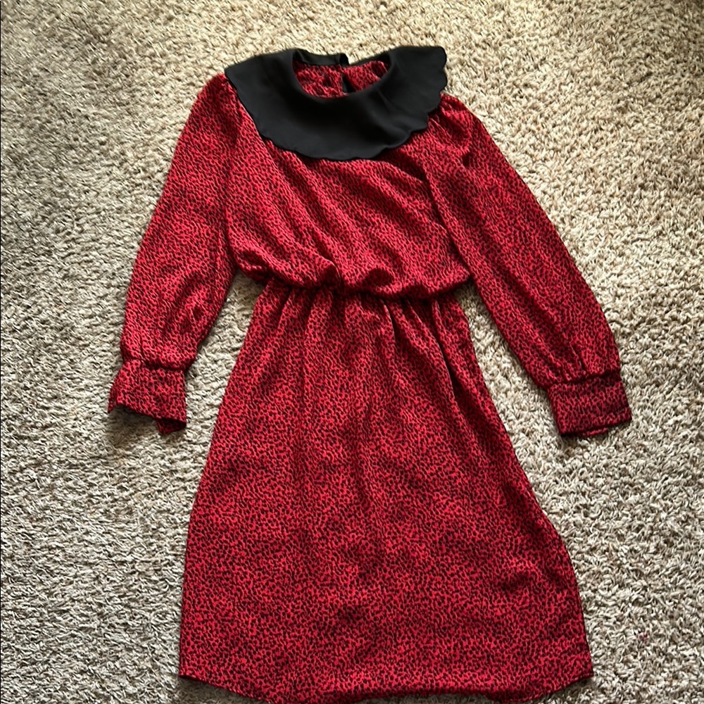 80s Red and Black Long Sleeve Dress with scalloped collar